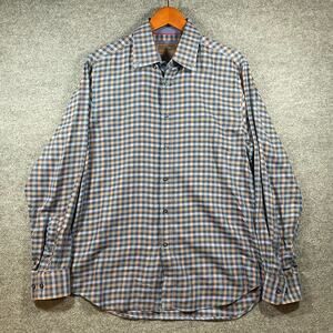 James Tattersall Button Up Shirt Men's Large Blue Plaid Long Sleeve Casual